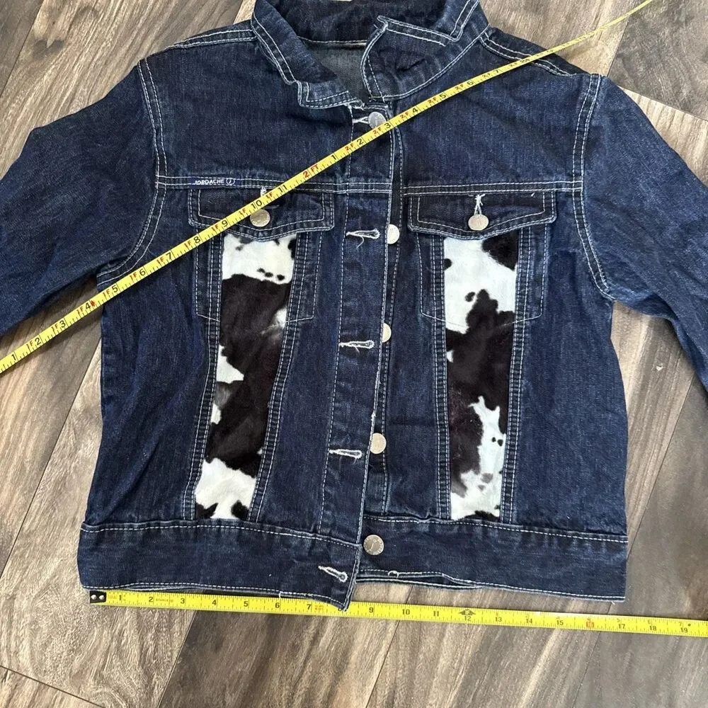 Y2K Denim Jacket Cowhide Panel Western Trucker Dark Wash No Tag Fits Small Read!